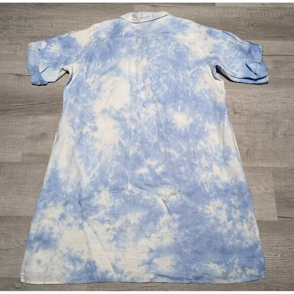 Jack & Jo 100% Linen Shirt Dress Sky Clouds Tie Dye XL Short Sleeve Blue White - Picture 5 of 9